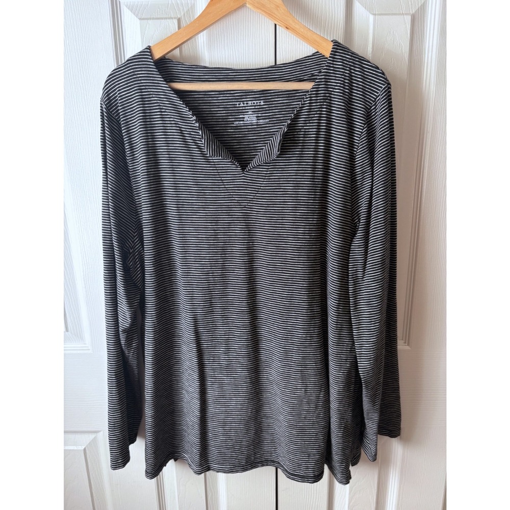 Talbots Black White Striped Modal Blend Notch Neck Long Sleeve T-Shirt 2X